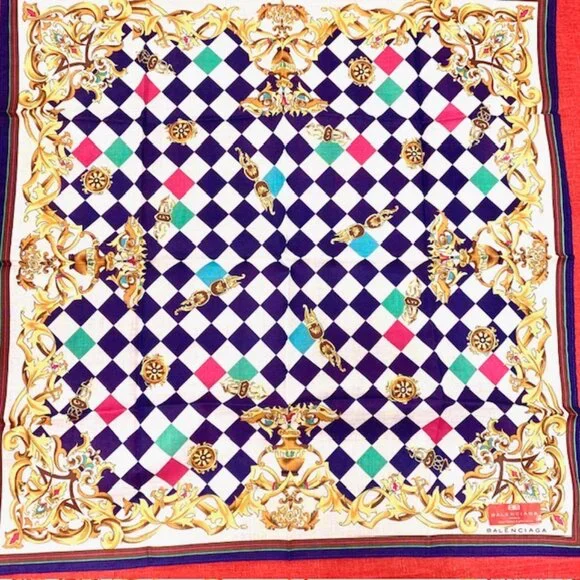 New Balanciaga handkerchief 18 cotton white green red checker gold decorate(97